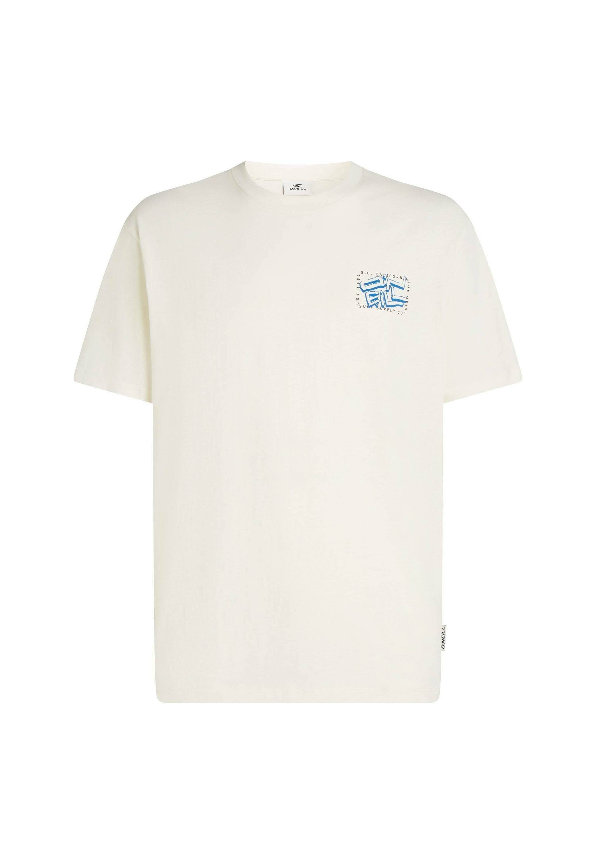 Hellcremefarbenes Baumwoll-T-Shirt mit kurzen Ärmeln, Rundhalsausschnitt und einem blauen Grafikdesign auf der linken Brustseite. Etikett an der Seite.
