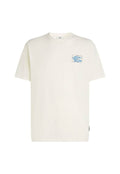 Hellcremefarbenes Baumwoll-T-Shirt mit kurzen Ärmeln, Rundhalsausschnitt und einem blauen Grafikdesign auf der linken Brustseite. Etikett an der Seite.