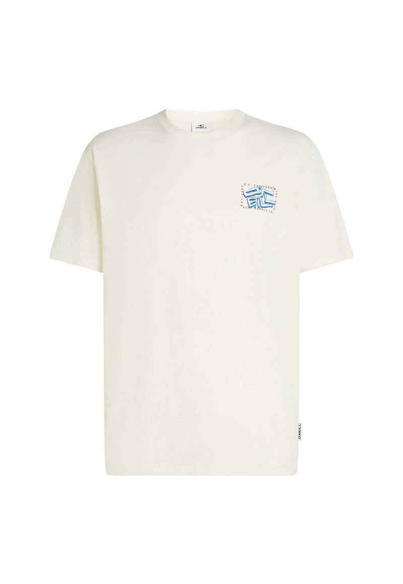 Hellcremefarbenes Baumwoll-T-Shirt mit kurzen Ärmeln, Rundhalsausschnitt und einem blauen Grafikdesign auf der linken Brustseite. Etikett an der Seite.