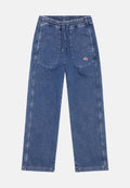 Blaue Denim-Hosen mit lockerer Passform, elastischem Bund, Kordelzug und zwei Vordertaschen. Mit Logo-Akzent auf der rechten Tasche.