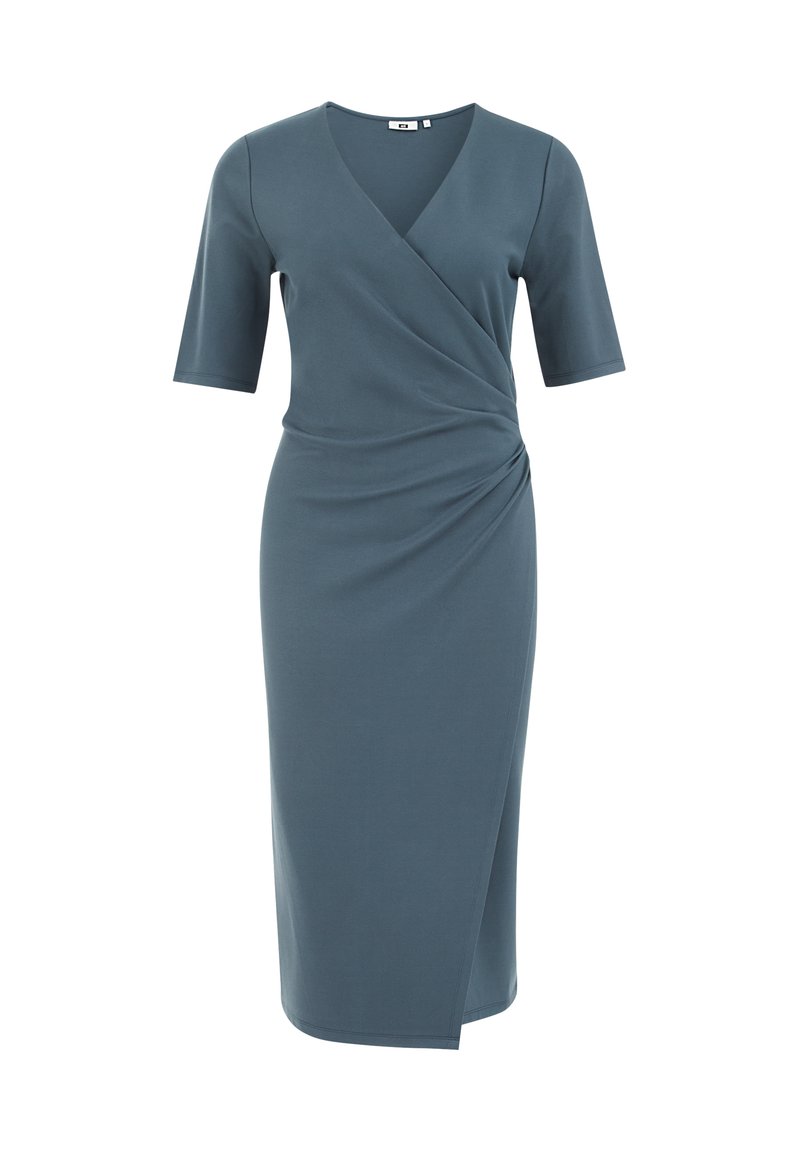 Dunkeltürkisfarbiges Wickelkleid mit halben Ärmeln, das eine geraffte Detailierung an der Taille und einen knielangen Rock besitzt. Hergestellt aus weichem, dehnbarem Material.