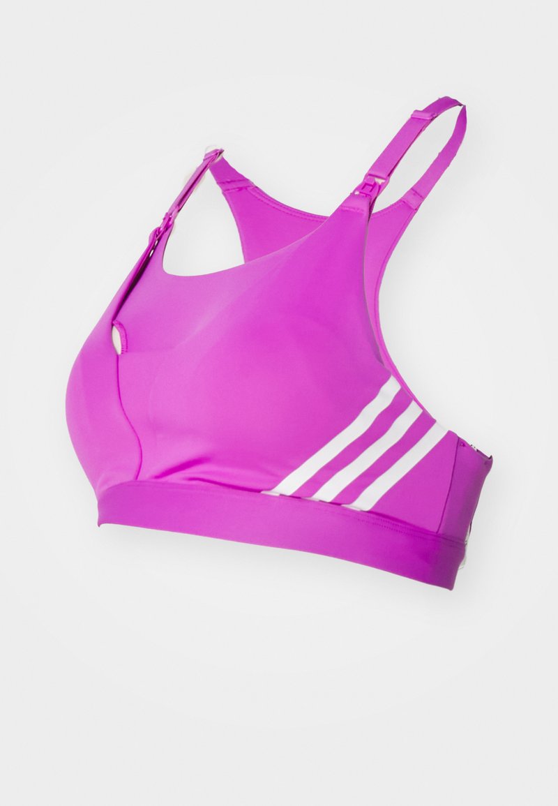 Sport-BH in leuchtendem Pink, aus elastischem Material. Verfügt über verstellbare Träger und weiße Streifen an der Seite. Glatte Textur.