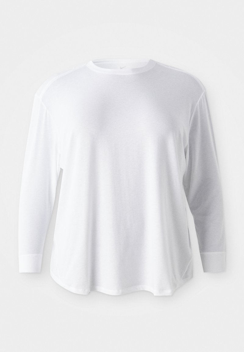Schlichtes weißes Langarm-T-Shirt mit Rundhalsausschnitt und gerippten Bündchen, auf einem flachen, hellen Hintergrund präsentiert.