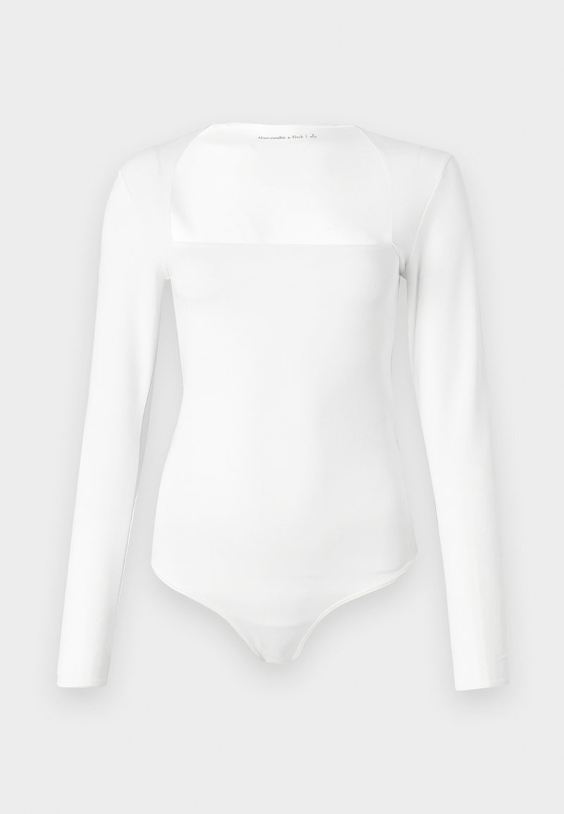 Weißes Langarm-Bodysuit mit quadratischem Ausschnitt, aus einem glatten Material. Verfügt über eine figurschmeichelnde Silhouette und einen Druckknopfverschluss im Schritt.