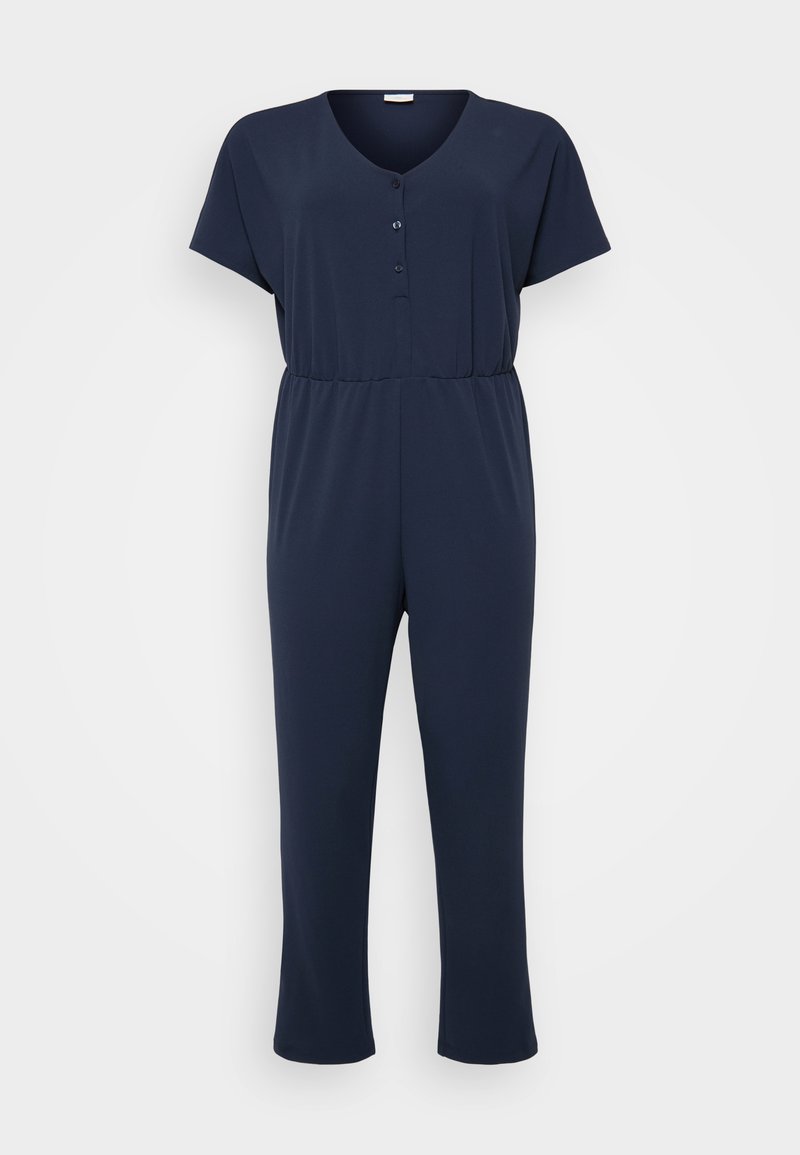 Dunkelblauer Jumpsuit mit kurzen Ärmeln, V-Ausschnitt und drei Knöpfen. Er hat eine geraffte Taille und gerade Beine und besteht aus weichem Stoff.