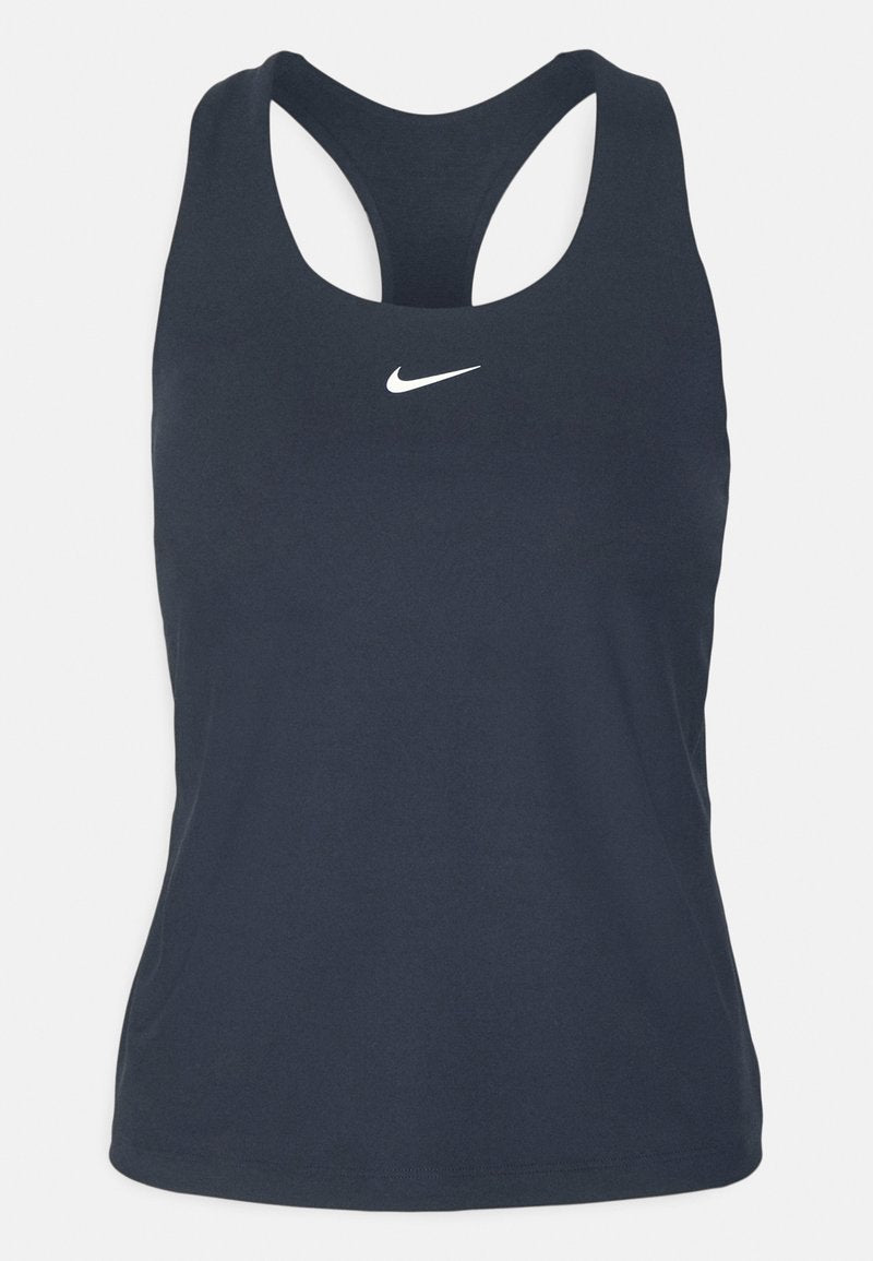 Marineblaue Sporttanktop mit racerback Design. Hat ein kleines weißes Nike-Logo in der Mitte vorne. Glattes, dehnbares Material.