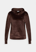 Brauner Samt-Hoodie mit langen Ärmeln, Kapuze und gesteppten Bündchen. Verfügt über ein dezentes Logo auf der Vorderseite. Weicher Textil und lässige Passform.