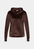 Brauner Samt-Hoodie mit langen Ärmeln, Kapuze und gesteppten Bündchen. Verfügt über ein dezentes Logo auf der Vorderseite. Weicher Textil und lässige Passform.
