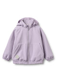 Hellviolette Zip-up-Jacke mit Kapuze, elastischen Bündchen, zwei Vorderstaschen und einem runden Logodetail an der unteren linken Tasche.