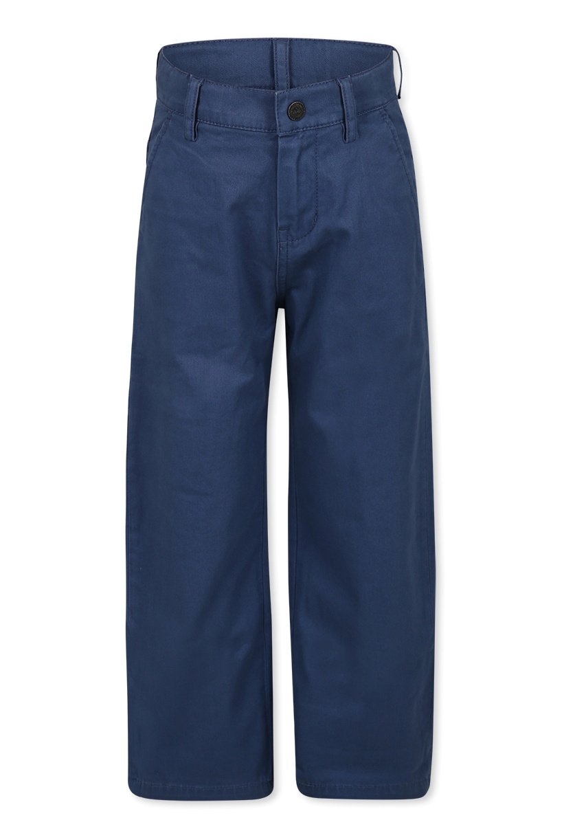 Marineblaue Baumwollhose mit geradem Bein, ausgestattet mit Knopfverschluss und vorderen Taschen, glatter Textur und minimalistischem Stil.