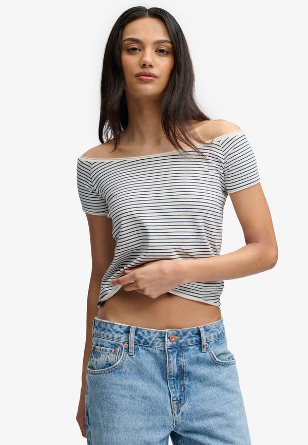Superdry & Co SUPERDRY BARDOT SHORT SLEEVE OFF SHOULDER - Print T-shirt - richest navy stripe