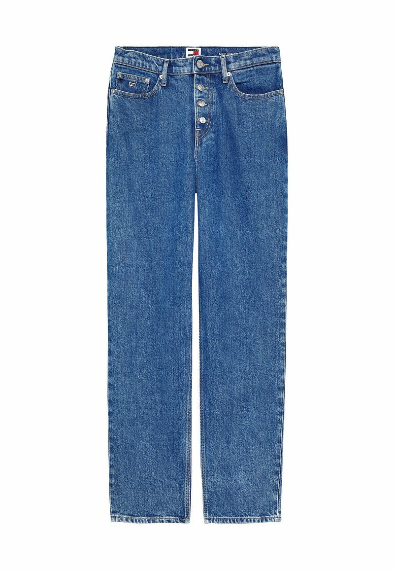 Helleblaue Jeans mit geradem Bein, hoher Taille, fünf Taschen, sichtbaren Nähten und einem Knopfverschluss.