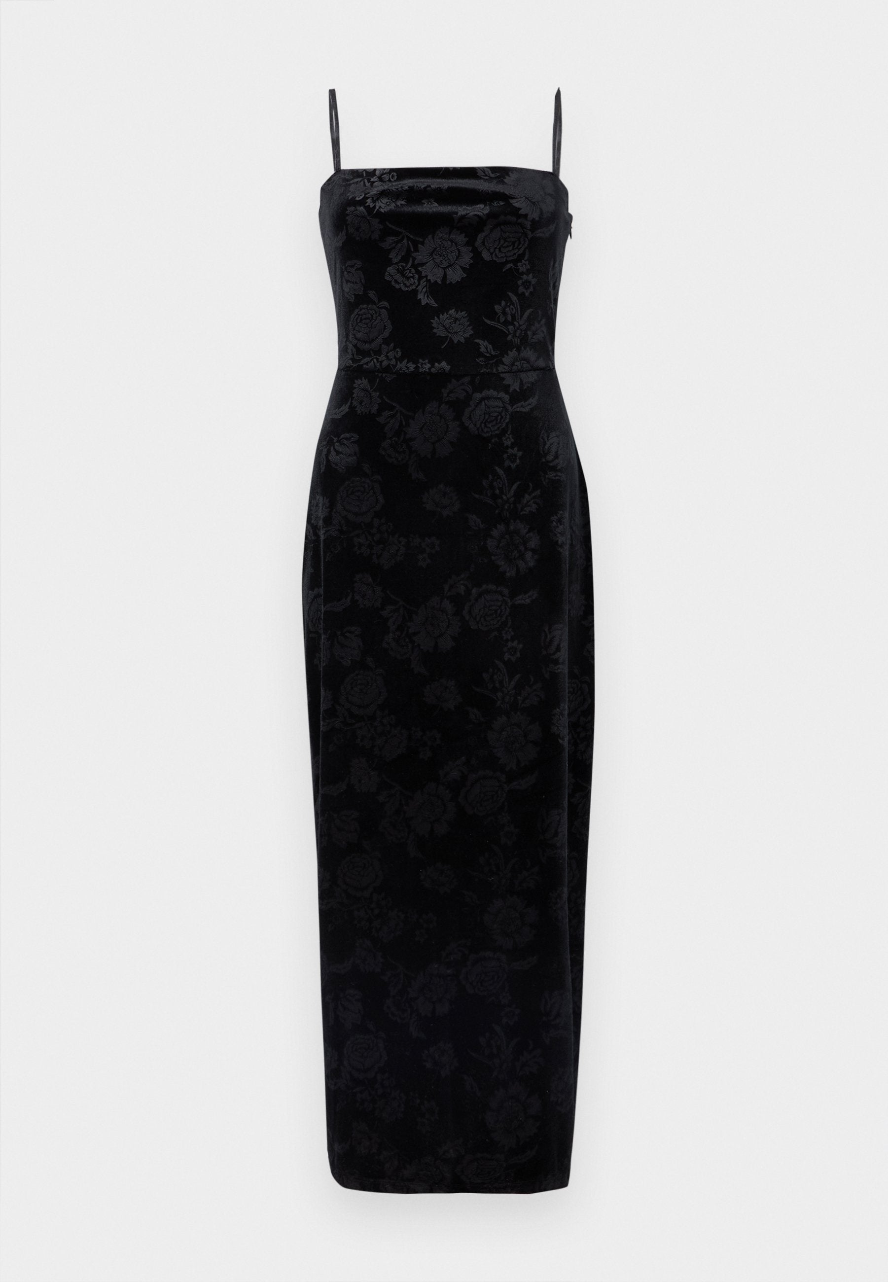 Schwarzes Samt-Midikleid mit dünnen Trägern und floralem Muster. Glatte Textur mit figurbetontem Schnitt, der zum Saum hin schmaler wird.