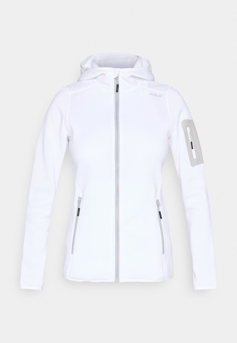 Weisse Kapuzenjacke mit Reißverschluss, zwei vorderen Reißverschlusstaschen und einer Reißverschlusstasche am linken Ärmel mit grauen Details.