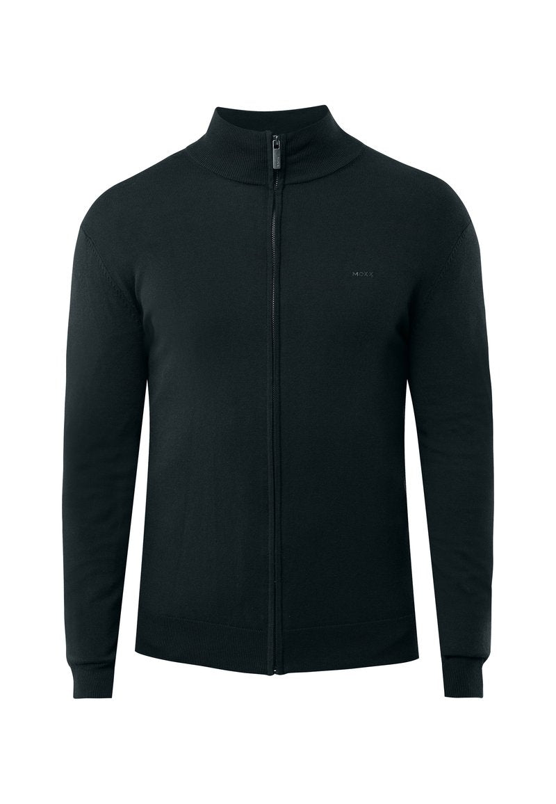 Schwarze Zip-up-Strickjacke mit hohem Kragen, gerippten Bündchen und glatter Textur. Dezentes Branding im Brustbereich.