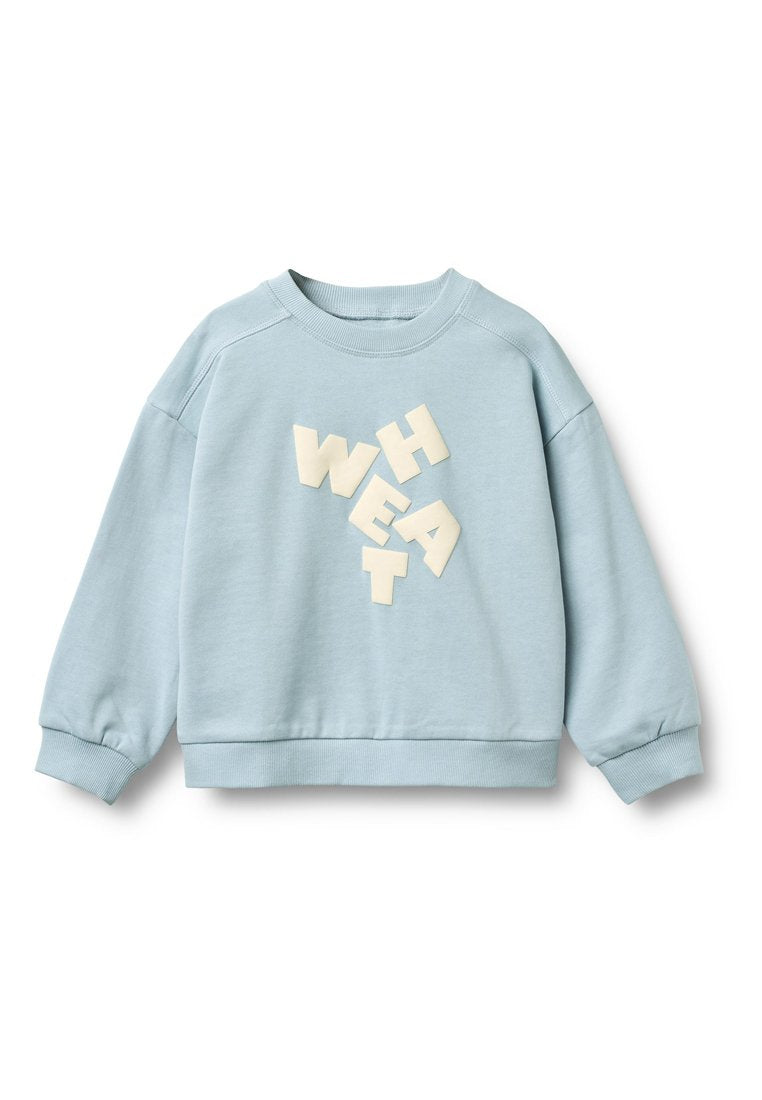 Hellblauer Pullover mit Rundhalsausschnitt und überschnittenen Schultern. Vorderseite mit strukturierten Elfenbein-Buchstaben, die "WET" und "H" buchstabieren. Weicher Stoff.