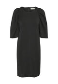 Schwarzes Kurzarmkleid mit gepufften Schultern, runder Halslinie und einem Reißverschluss auf der Rückseite. Glattes Material mit tailliertem Design.