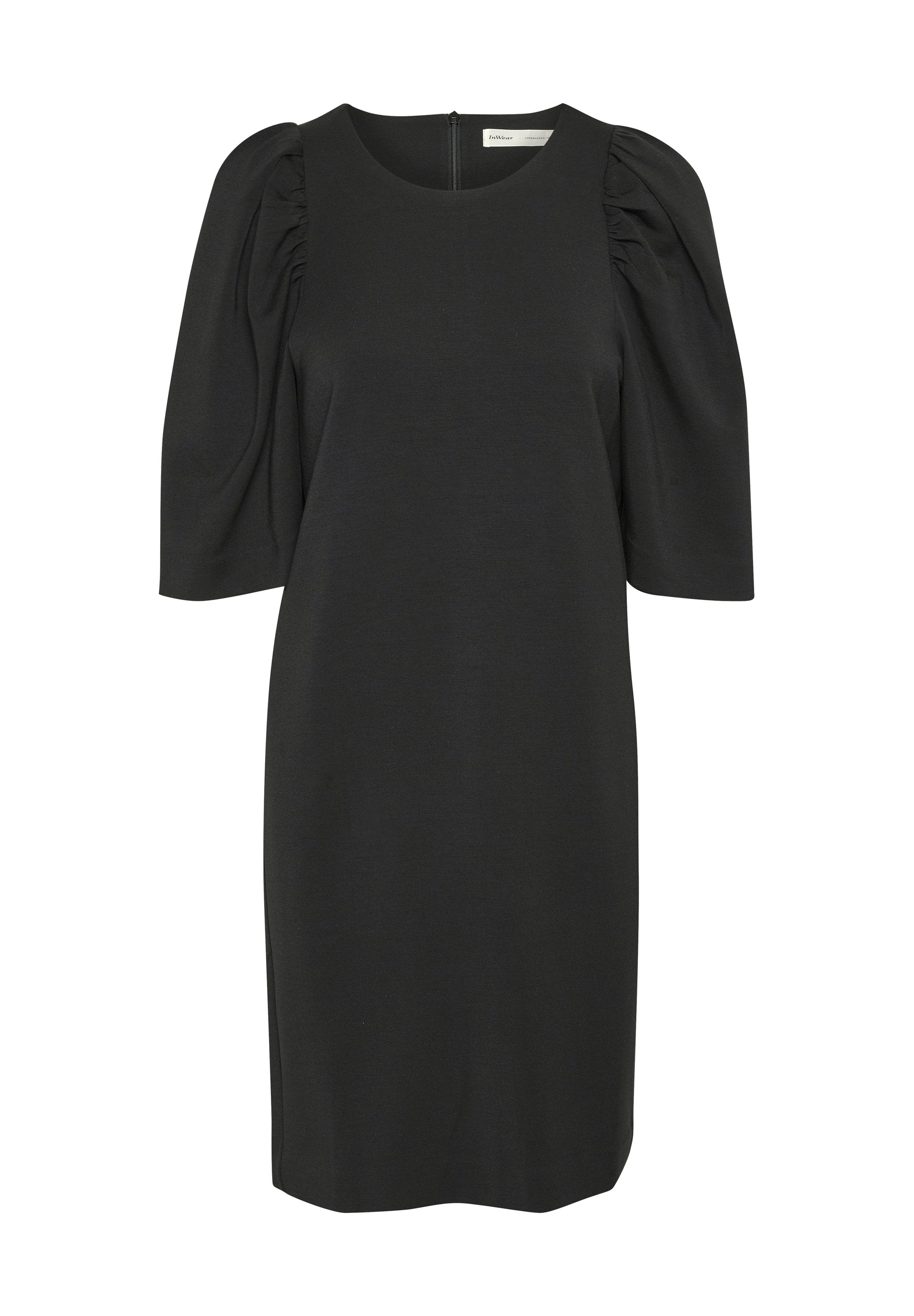 Schwarzes Kurzarmkleid mit gepufften Schultern, runder Halslinie und einem Reißverschluss auf der Rückseite. Glattes Material mit tailliertem Design.