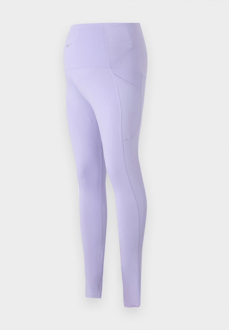 Lila Leggings mit hohem Bund, aus dehnbarem Stoff. Mit einer Seitentasche, flachen Nähten und einer glatten Textur.