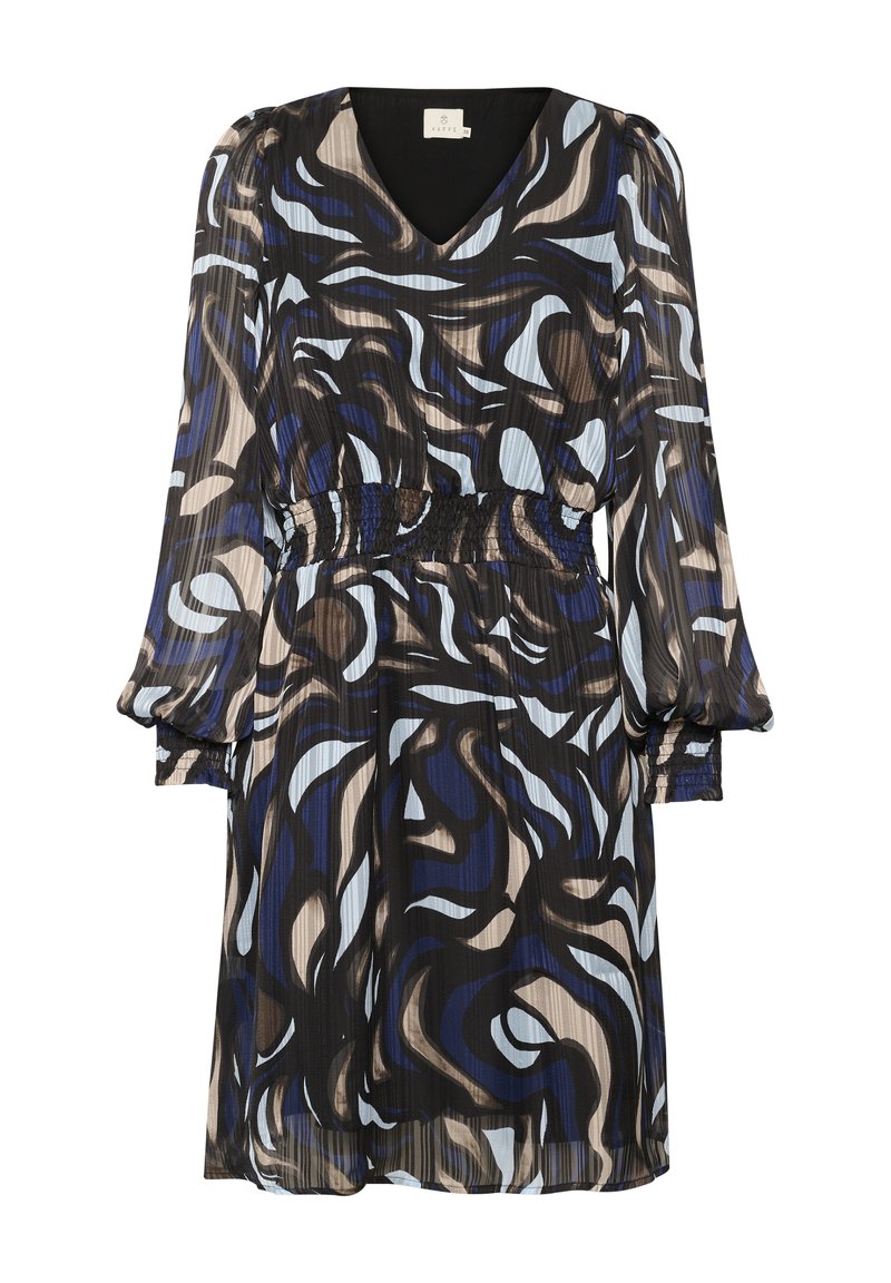 Schwarzes Kleid mit einem fließenden, abstrakten Muster in Blau, Beige und Creme. Es hat lange Ärmel, einen V-Ausschnitt und eine geraffte Taille für die Form.