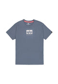 Baumwoll-T-Shirt in Schieferblau mit Rundhalsausschnitt, kurzen Ärmeln und einem zentralen weißen Grafiklogo mit der Aufschrift "ALPHA INDUSTRIES".