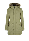 Khakifarbene Parka-Jacke mit fellgefütterter Kapuze, Reißverschluss- und Knopfschluss, zwei Fronttaschen, gerippte Bündchen und wasserabweisendem Materialfinish.