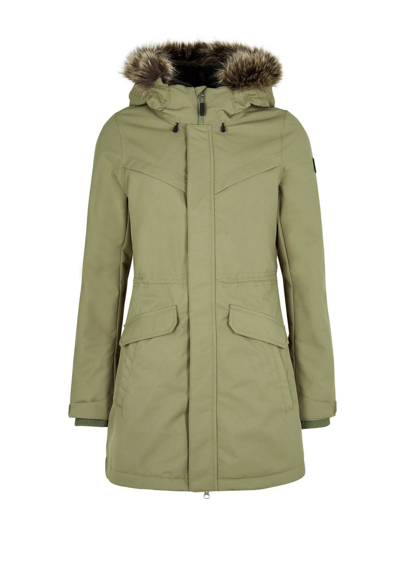 Khakifarbene Parka-Jacke mit fellgefütterter Kapuze, Reißverschluss- und Knopfschluss, zwei Fronttaschen, gerippte Bündchen und wasserabweisendem Materialfinish.