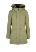 Khakifarbene Parka-Jacke mit fellgefütterter Kapuze, Reißverschluss- und Knopfschluss, zwei Fronttaschen, gerippte Bündchen und wasserabweisendem Materialfinish.