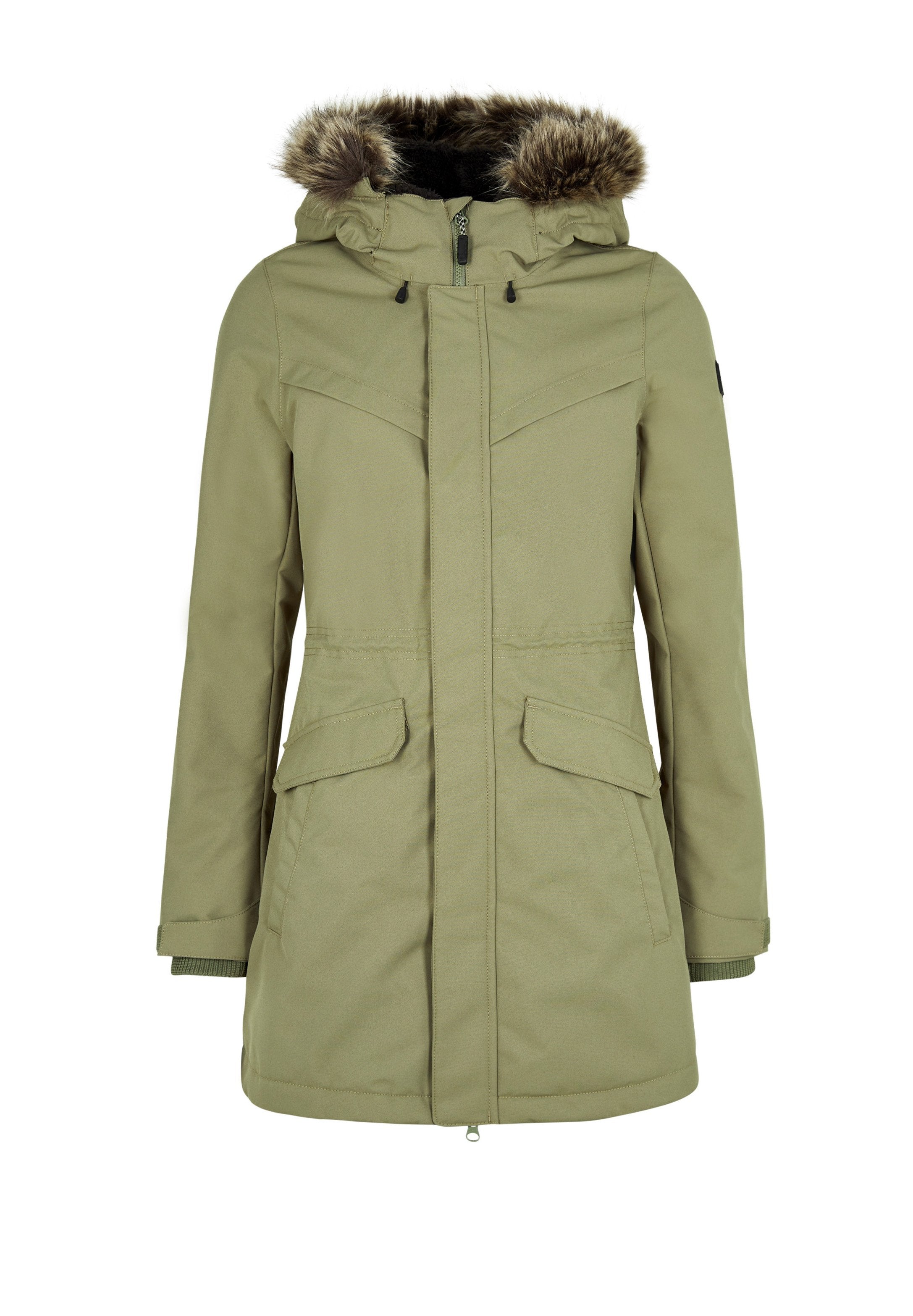 Khakifarbene Parka-Jacke mit fellgefütterter Kapuze, Reißverschluss- und Knopfschluss, zwei Fronttaschen, gerippte Bündchen und wasserabweisendem Materialfinish.