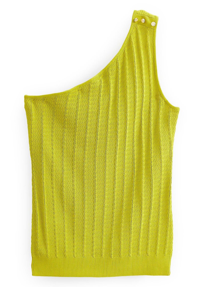 Gelbes ärmelloses Stricktop mit einem Schulterträger, vertikalem Strukturmuster und drei Knöpfen am Träger.