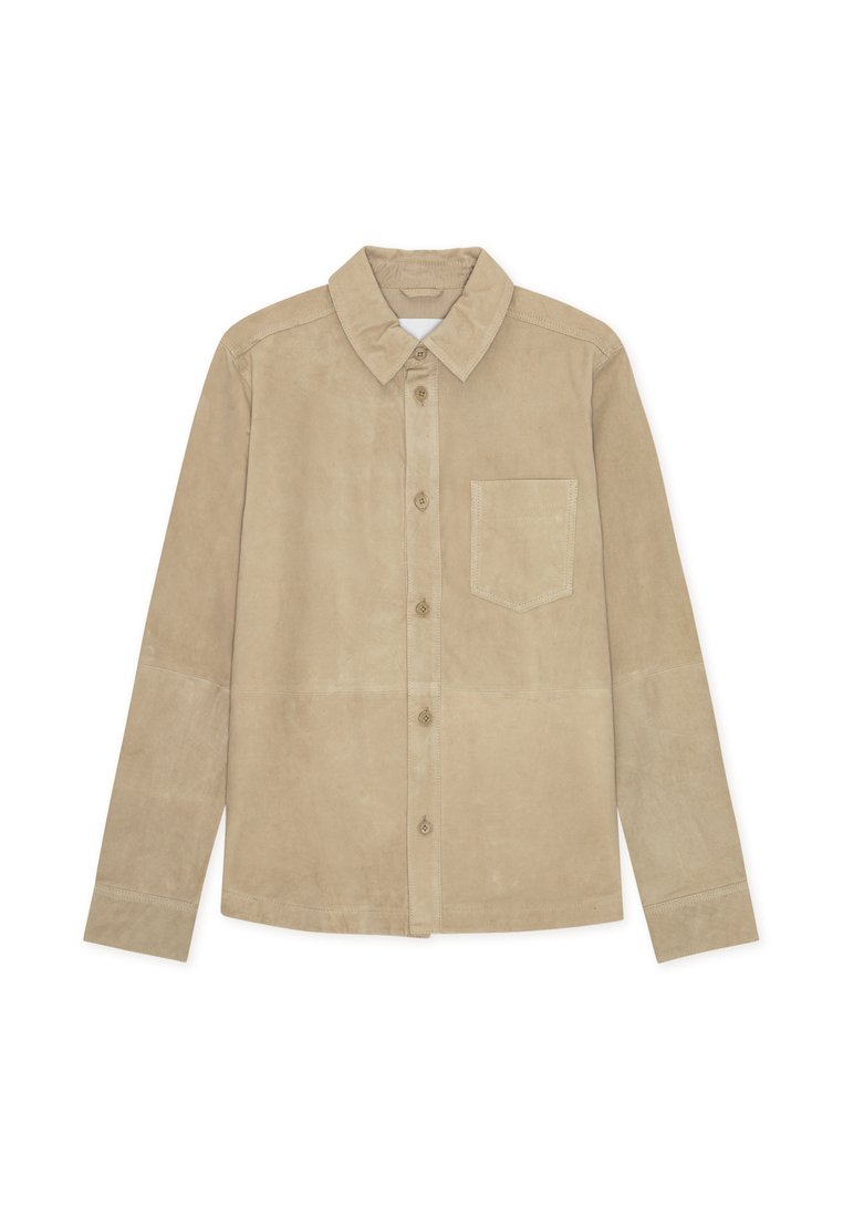 Beige Lederhemd mit durchgehendem Knopfverschluss, langen Ärmeln und einer einzelnen Brusttasche. Verfügt über eine glatte Textur und ein klassisches Kragendesign.