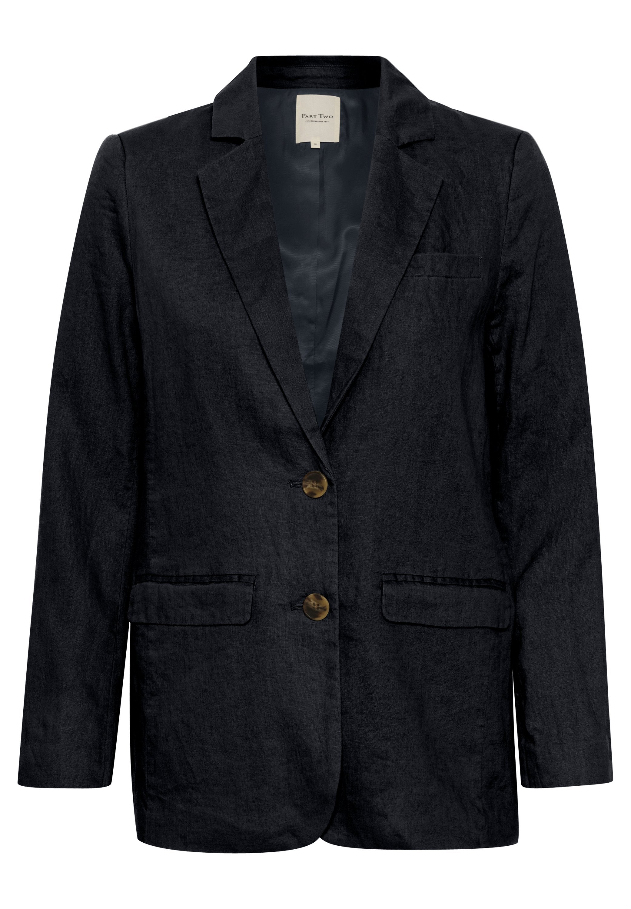 Dunkelblaues Blazer aus strukturiertem Leinen, mit zwei Fronttaschen, zwei braunen Knöpfen und einem Reverskragen. Glattes Innenfutter.
