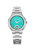 Edelstahl-Uhr mit einem türkisfarbenen, gemusterten Ziffernblatt, silbernen Akzenten und Kristallmarkierungen. Verfügt über eine markante Schlüssel-Loch-Form und ein Datumsdisplay.