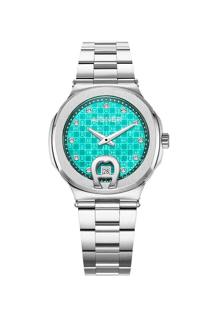 Edelstahl-Uhr mit einem türkisfarbenen, gemusterten Ziffernblatt, silbernen Akzenten und Kristallmarkierungen. Verfügt über eine markante Schlüssel-Loch-Form und ein Datumsdisplay.