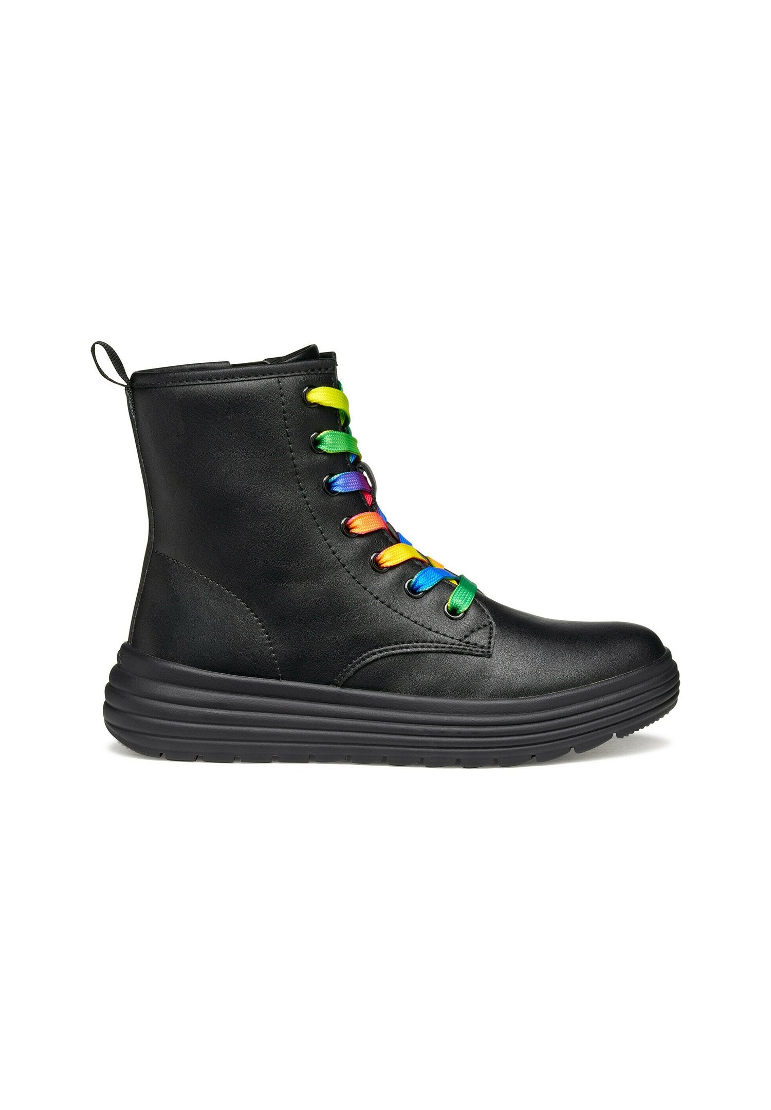 Schwarze Leder Stiefeletten mit runder Zehenform, ausgestattet mit einem farbenfrohen Regenbogen-Schnürdesign und einer dicken Gummisohle.
