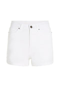 Weiße Denim-Shorts mit hoher Taille, ausgestattet mit einem Reißverschluss und Knopfverschluss, zwei vorderen Taschen und einem sauberen Saum. Glatte, strukturierte Oberfläche.