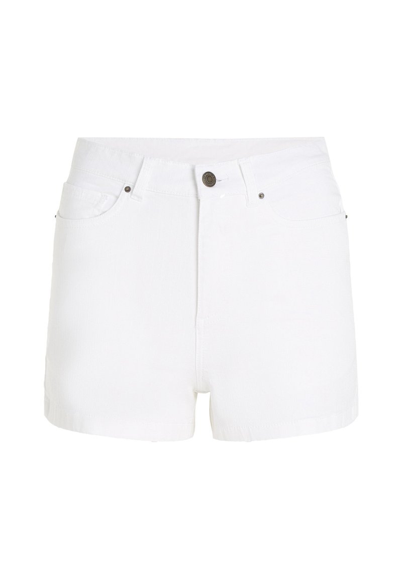 Weiße Denim-Shorts mit hoher Taille, ausgestattet mit einem Reißverschluss und Knopfverschluss, zwei vorderen Taschen und einem sauberen Saum. Glatte, strukturierte Oberfläche.
