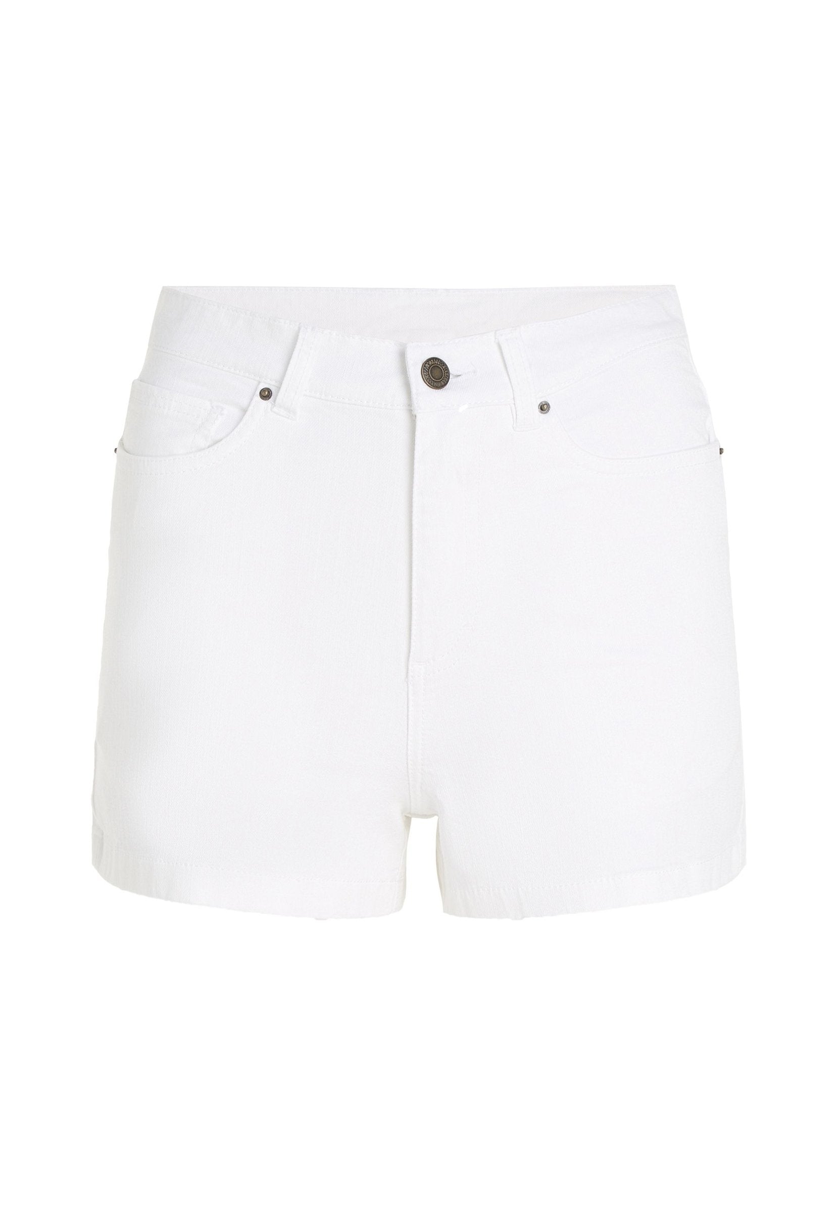 Weiße Denim-Shorts mit hoher Taille, ausgestattet mit einem Reißverschluss und Knopfverschluss, zwei vorderen Taschen und einem sauberen Saum. Glatte, strukturierte Oberfläche.