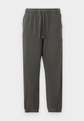 Dunkelgraue Baumwoll-Sweatpants mit elastischem Bund, Kordelzug, Seitentaschen und subtilen vertikalen Grafiken am rechten Oberschenkel.