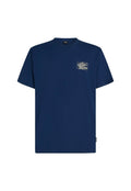 Marineblaues Baumwoll-T-Shirt mit kurzen Ärmeln und rundem Halsausschnitt, mit einem grafischen Design auf der linken Brust.
