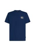 Marineblaues Baumwoll-T-Shirt mit kurzen Ärmeln und rundem Halsausschnitt, mit einem grafischen Design auf der linken Brust.