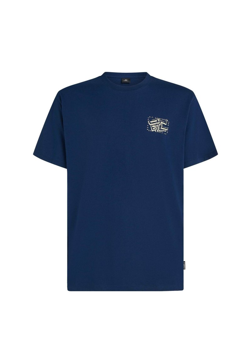 Marineblaues Baumwoll-T-Shirt mit kurzen Ärmeln und rundem Halsausschnitt, mit einem grafischen Design auf der linken Brust.