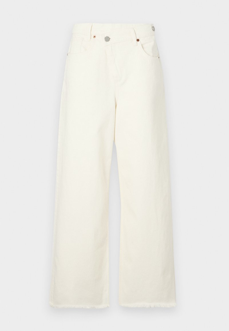 Weite, cremefarbene Jeans aus Denim mit hoher Taille, fünf Taschen und einem rohen Saum für eine lockere Passform.