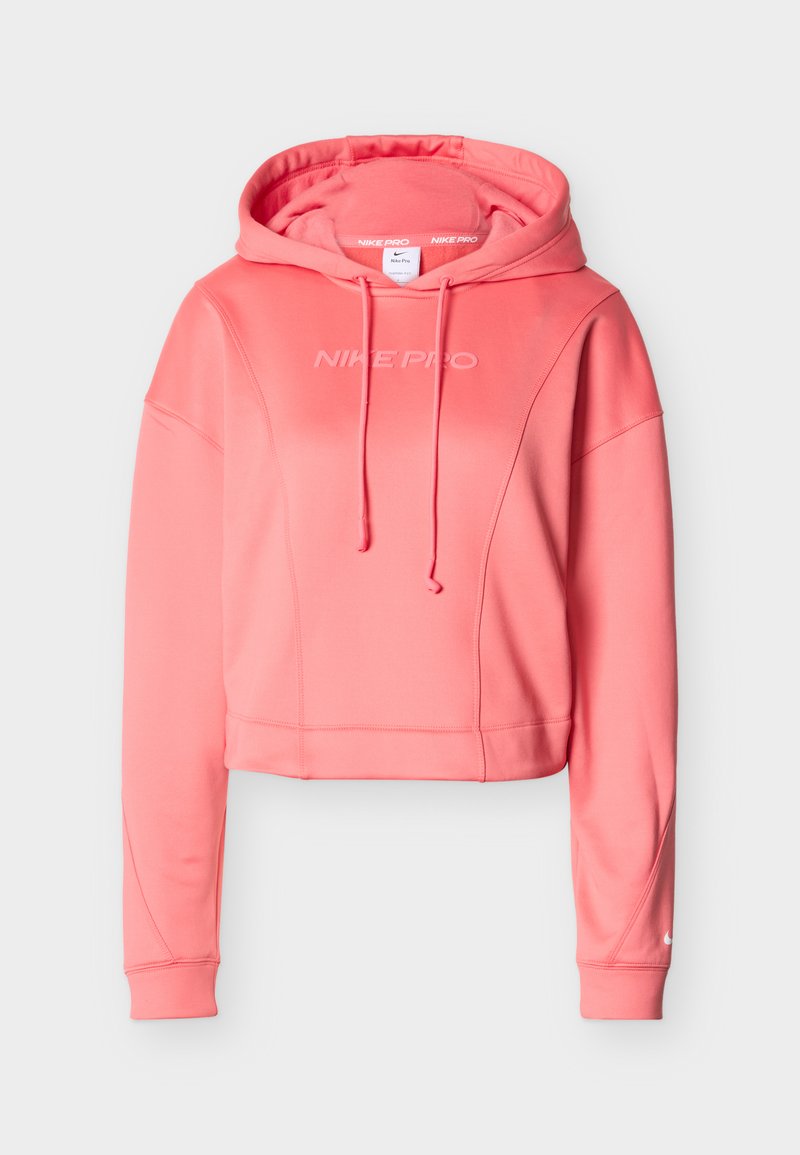 Rosa Nike Pro Cropped Hoodie mit Kordelzugkapuze, Frontlogo, gerippten Bündchen und glattem, elastischem Stoff.