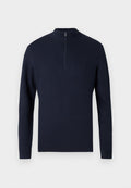 Navy Pullover-Sweater mit hohem Kragen und halbem Reißverschluss, ausgestattet mit einem strukturierten Rautenmuster sowie gerippten Bündchen und Saum.