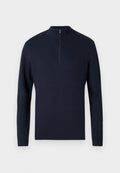 Navy Pullover-Sweater mit hohem Kragen und halbem Reißverschluss, ausgestattet mit einem strukturierten Rautenmuster sowie gerippten Bündchen und Saum.