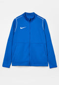 Blaues Nike-Sportjacke mit Reißverschluss und langen Ärmeln, weißen Paspelierungen an den Schultern und weißem Nike-Swoosh-Logo auf der linken Brustseite.