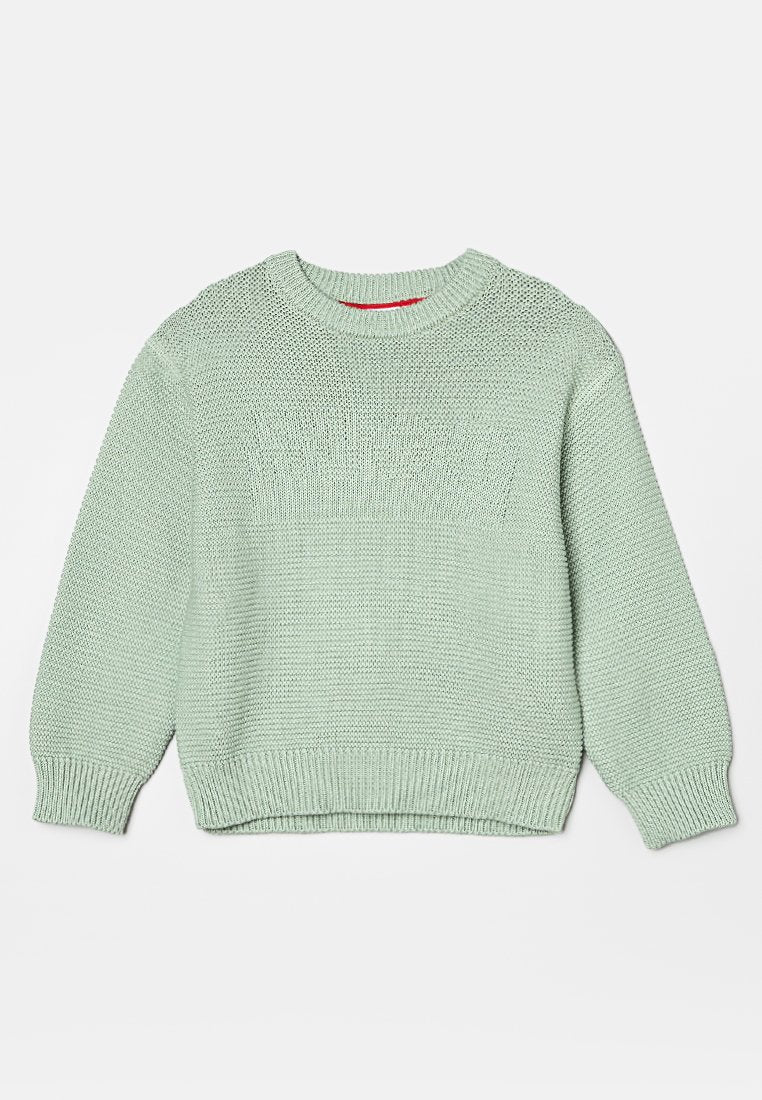 Hellgrüner Strickpullover mit rundem Ausschnitt, strukturiertem Muster im oberen Bereich sowie gerippten Bündchen und Saum.