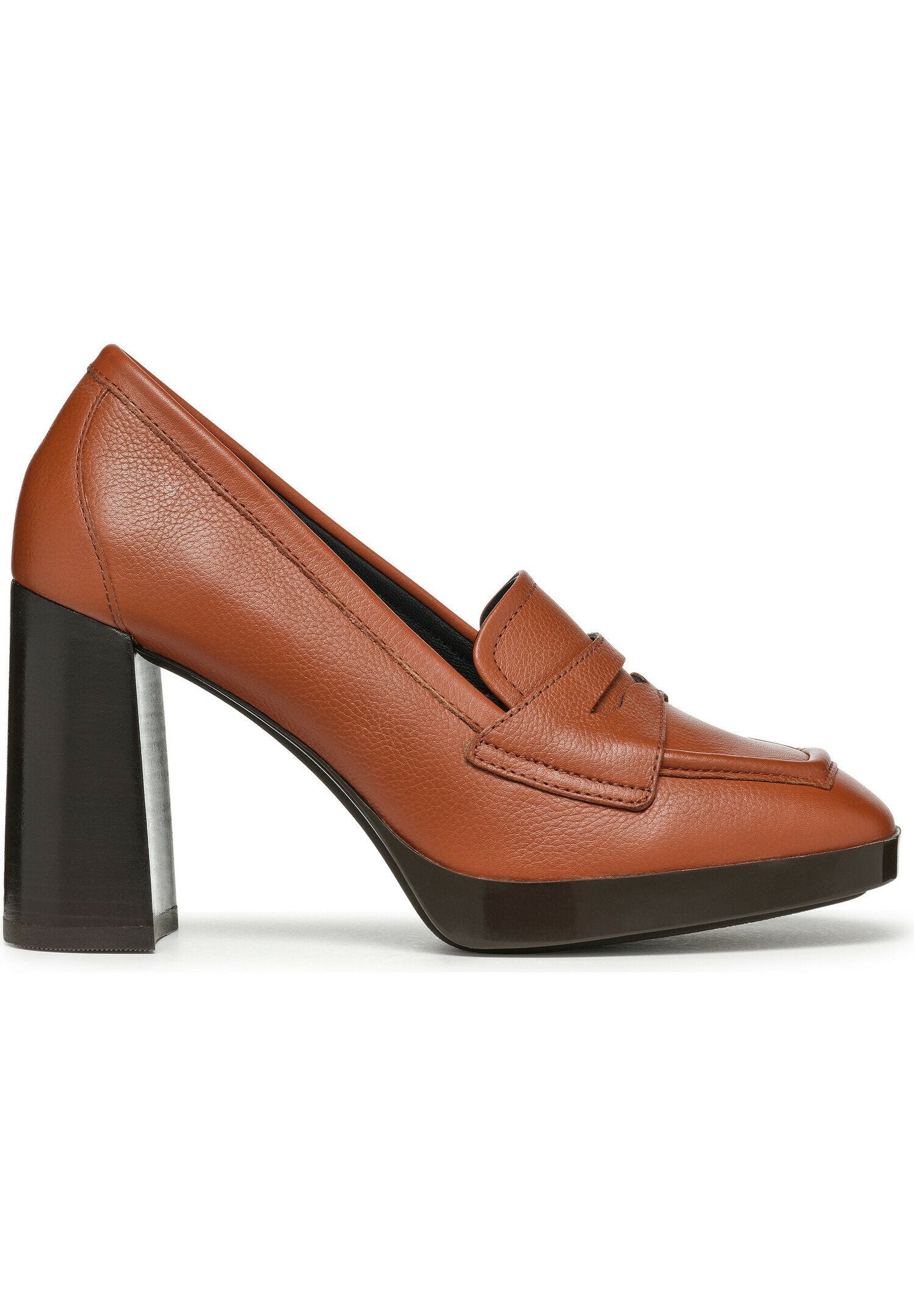 Braune Leder-High Heel-Schuhe mit quadratischer Vorderkappe, ausgestattet mit einem dekorativen Riemen und einem dicken, transparenten Blockabsatz. Glatte Textur und klare Linien.