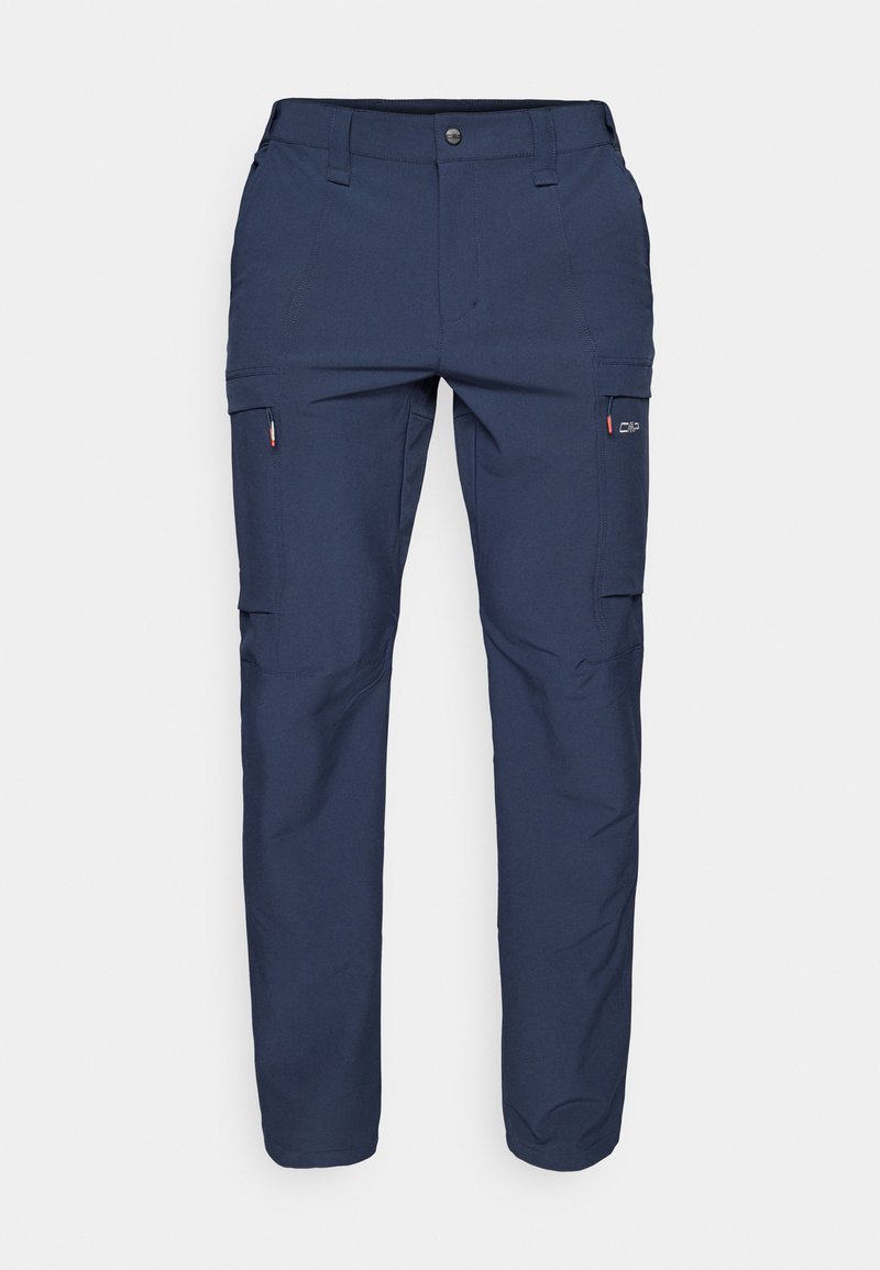Marineblaue Cargo-Hosen aus leichtem Stoff, mit mehreren Taschen, einer seitlichen Reißverschlusstasche und robusten Nähten.